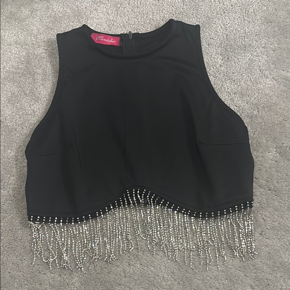 Silver and Black Embellished Crop Tank Top